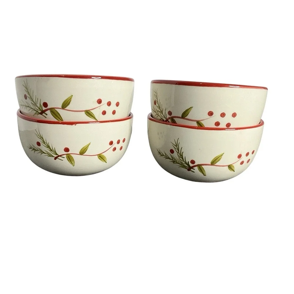 Canterbury Potteries Cranberry Wreath‎ Hand Painted Bowls (4) 5.5X3 Replacements